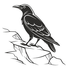 Fototapeta premium A stylized black silhouette of a raven perched on a rock formation depicted with clean lines and white accents on its feathers and eye