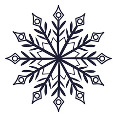 Obraz premium A stylized dark blue snowflake with intricate geometric patterns and delicate leaf like adornments on a clean white background representing winter and frost
