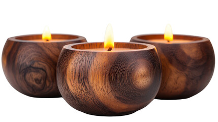 Three wooden candles isolated on transparent background