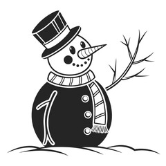 A charming black and white illustration of a classic snowman wearing a top hat and striped scarf with twig arms and a carrot nose standing in the snow