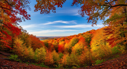 Fototapeta premium Autumn landscape: vibrant fall foliage blankets a valley under a bright blue sky.