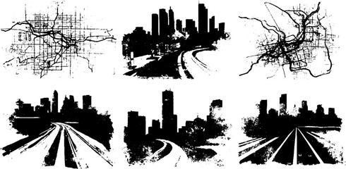 Obraz premium Black ink silhouette set of urban maps and city skylines for design use