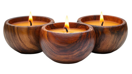 Three wooden candles isolated on transparent background