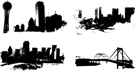 Fototapeta premium Black ink silhouette set of urban panoramas with skyscrapers and bridges