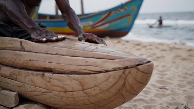 Man is working on a wooden boat on the beach. Man carving wood on the beach. Artisan craftsmen on a boat in the ocean. A man is constructing a wooden boat by the shore lifestyle. - Powered by Adobe