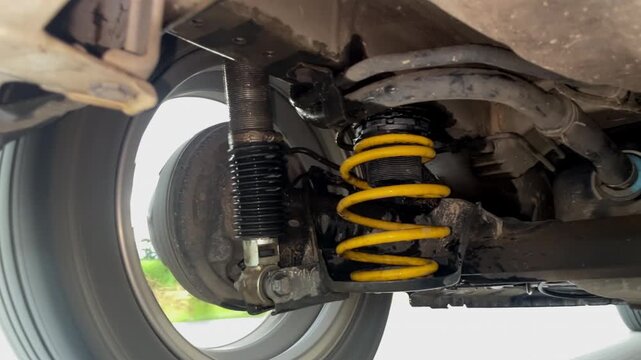 Working of car suspension.The spring and shock work together.Spring for adjusting height has an adjuster.The softness and hardness of the shock has an adjuster.