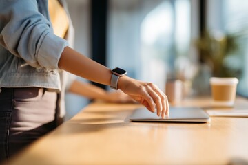 Person reaching for laptop on wooden table in casual workspace