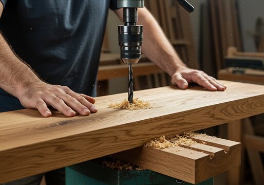 Skilled carpenter uses a drill press to meticulously create a hole in a sturdy wooden board, generating sawdust in a busy workshop. - Powered by Adobe