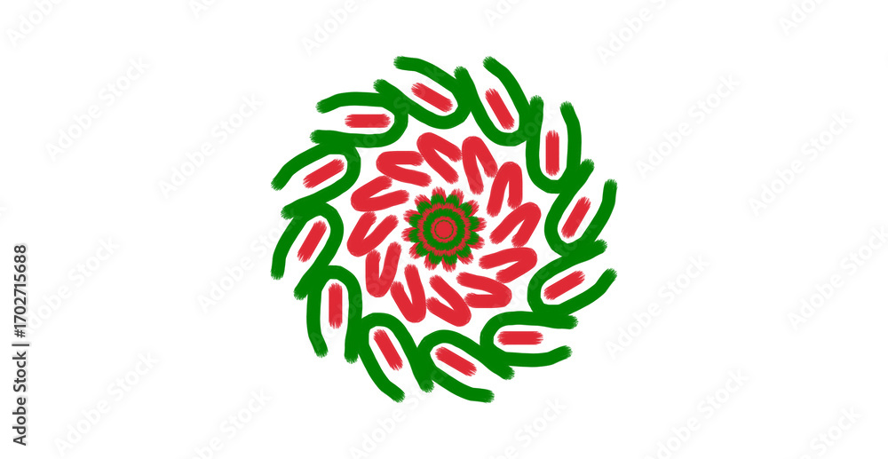 Poster circular abstract design features radiating red and green elements on a black canvas.