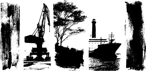 Obraz premium Black ink silhouette of urban port scene with ship and crane for design projects