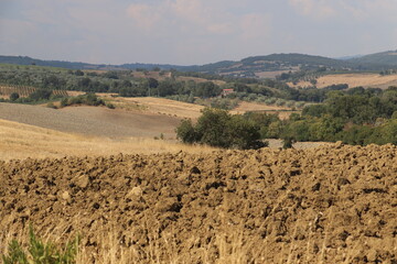 Rural landscape with cultivated land in Tuscany in Italy