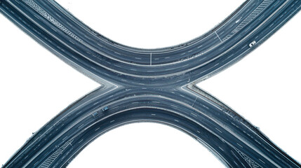 Top view of the intersection of asphalt roads isolated on transparent background