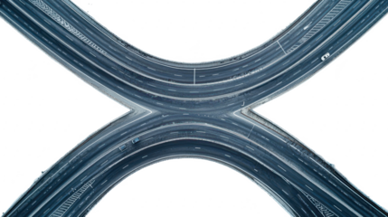 Top view of the intersection of asphalt roads isolated on transparent background