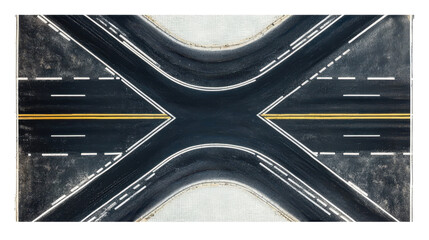 Top view of the intersection of asphalt roads isolated on transparent background