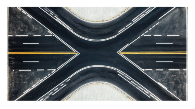 Top view of the intersection of asphalt roads isolated on transparent background