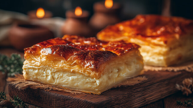 Georgian achma layered cheese pastry with golden crust, rustic wooden table