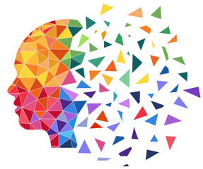 A colorful geometric silhouette of a human head composed of triangular shapes, part of which breaks down into individual fragments, isolated on a white background.