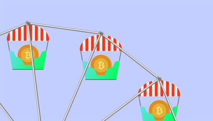 Illustration of Ferris wheel gondolas containing Bitcoin coins with striped awnings. Colorful digital art representing cryptocurrency investment ups and downs, market volatility, and financial ride co © martinjanecek