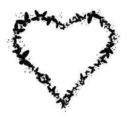 Heart shape created from black butterfly silhouettes on white background. Romantic vector illustration with flying butterflies forming love symbol