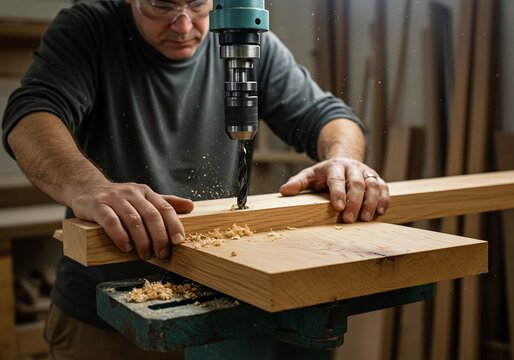 Skilled craftsman drilling a wooden plank with a powerful drill press in a busy woodworking workshop.