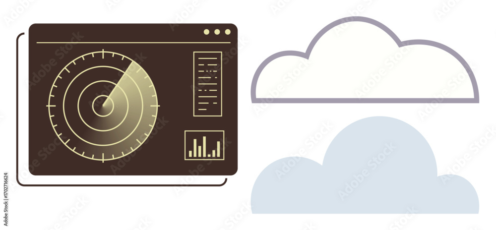 Poster radar interface with circular scanning display, data charts, and two clouds. ideal for surveillance,