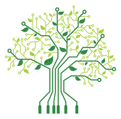 Digital tree illustration combining electronic circuits with organic leaves