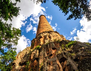 Tower rising above rocky outcrop, surrounded by trees