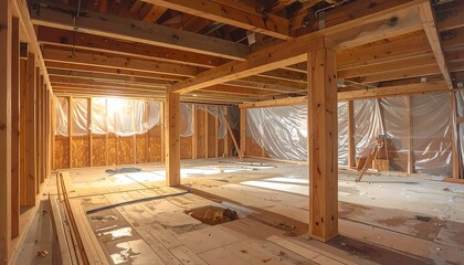 Basement renovation site showcasing structural beams and covered walls