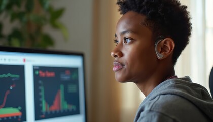 Focused student with hearing aids watches interactive online lecture. Graph chart displayed on screen. Young african learning financial literacy, trading, stock market. Inclusive education,