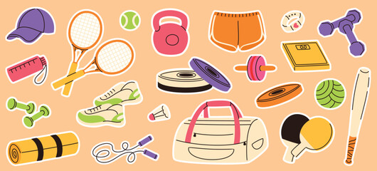 Stickers with the image of sports equipment and accessories. Weights, skipping rope, bag, sportswear, bottle, balls. Flat vector illustration.