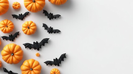 Flat lay of small orange pumpkins and black bat decorations arranged on a white background for halloween