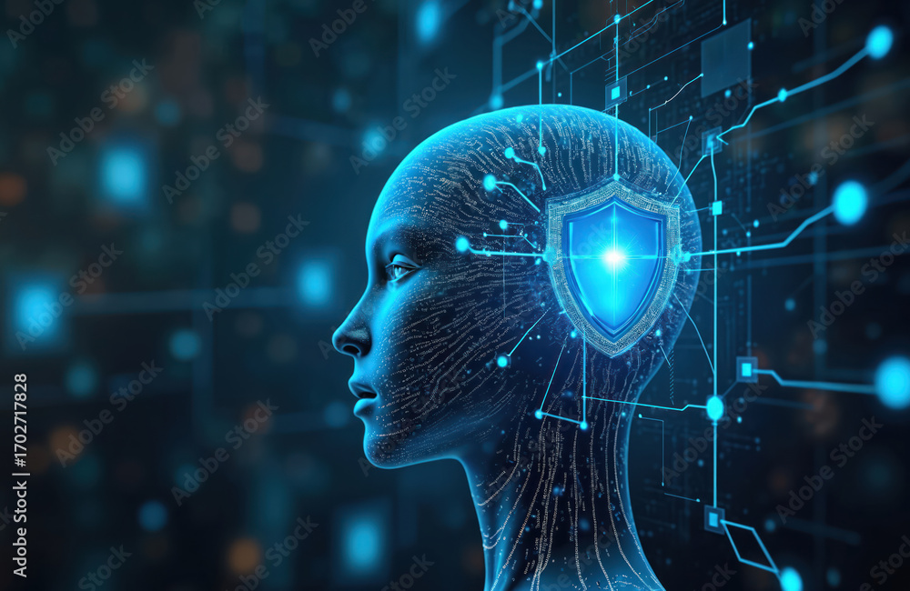 Poster digital representation of artificial intelligence protecting cyberspace. futuristic blue ai head wit