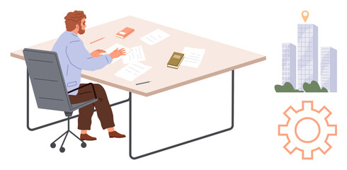 Person seated at desk reviewing documents, surrounded by books and papers. Nearby, a cityscape with location icon and a gear signifies business, location-based tasks, and productivity. Ideal