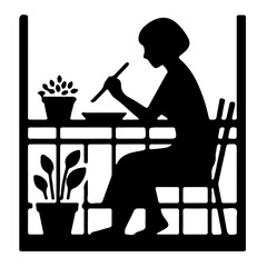 Minimalist pictogram of person working on balcony with potted plant