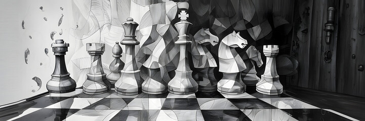 Black and White Chess Pieces Artistic Concept
