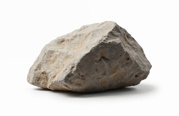 Fototapeta premium Raw limestone sedimentary rock isolated on white. Rough texture details, natural shades of gray and beige. Ideal for geology, construction tech, mining concepts.