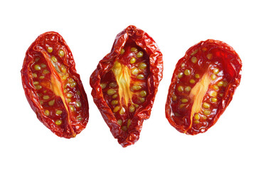 Three sun-dried tomato halves, arranged horizontally,  show the deeply colored,  dehydrated flesh and  seeds