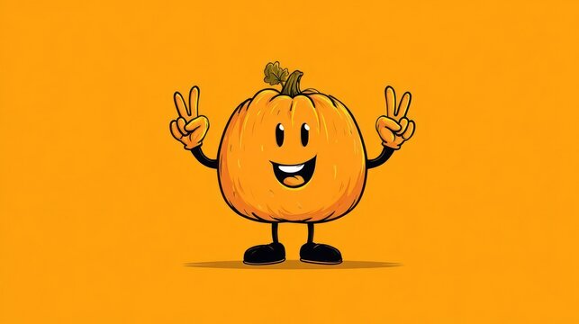 Cute cartoon pumpkin character with a happy face and arms raised in a victory pose against an orange background - Powered by Adobe