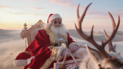 Santa Claus riding a sleigh pulled by reindeer in a desert landscape - Powered by Adobe