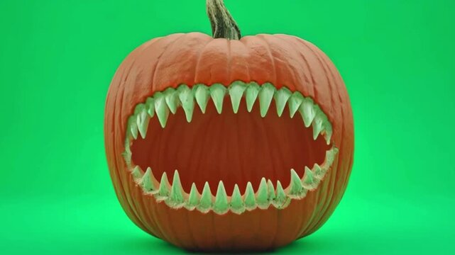 Scary pumpkin with sharp teeth chomping down in spooky Halloween animation with vibrant green screen background