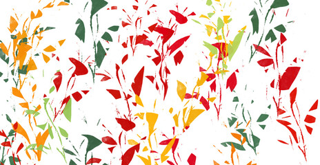 Abstract floral pattern with red, yellow, and green foliage against a black background.