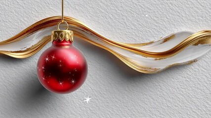 Red Christmas ornament hanging gracefully against textured background, surrounded by elegant golden waves, capturing the festive spirit and holiday cheer in a seamless motion sequence