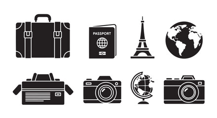 Journey Essentials: A collection of essential travel icons. From luggage to passport, the image presents the iconic symbols of globetrotting, signifying adventure, exploration.