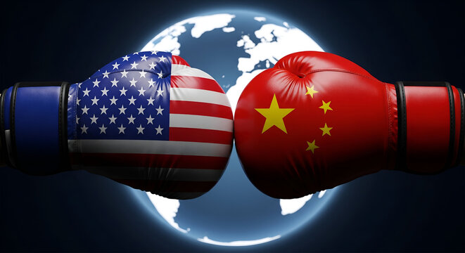 Usa and china boxing gloves clash in front of a glowing globe symbolizing global conflict