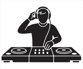 Black silhouette of DJ with headphones playing music at turntable isolated on white background, simple vector illustration symbolizing party, nightlife, clubbing, entertainment, concert, and sound mix