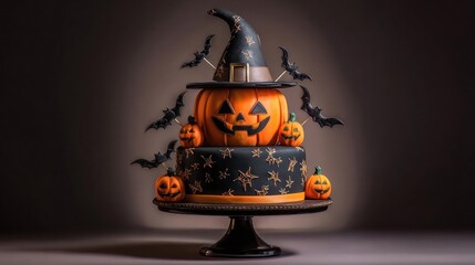 A spooky and festive two-tiered Halloween cake with pumpkin and bat decorations.