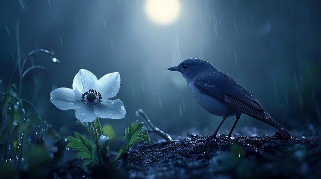 A small bird perched near a luminous white flower under soft moonlight - Powered by Adobe