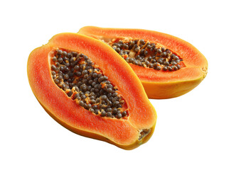 Two halves of a papaya, displaying the orange-red flesh and numerous dark seeds