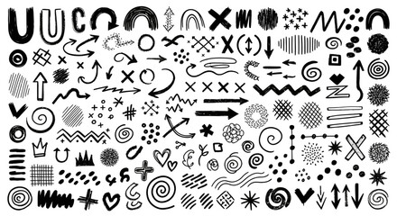 手描き落書きデザイン要素コレクション｜矢印・線・波線・抽象形状などのクリエイティブ素材