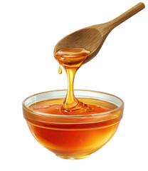Honey dripping from a wooden spoon into a glass bowl
